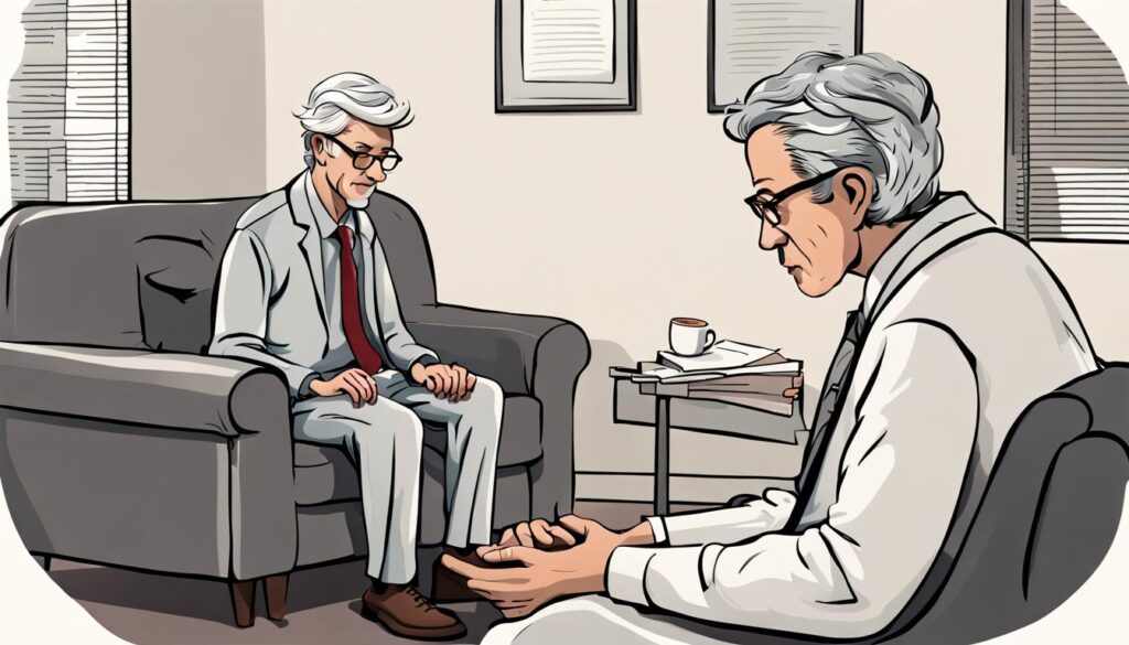 Gray haired psychiatrist counseling someone who is seated on a couch in his office